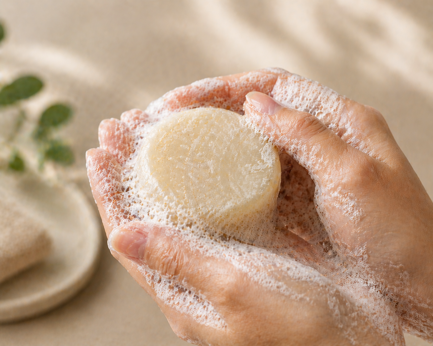 Lathering the shampoo bar in hands