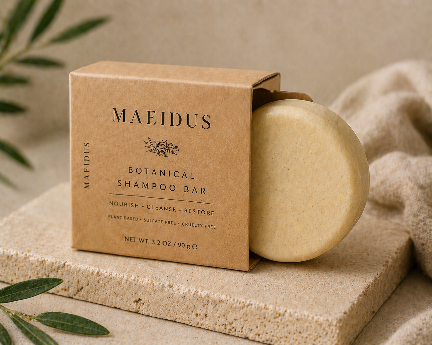 Maeidus shampoo bar in premium kraft packaging